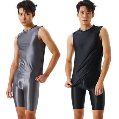 Sexy männer seidige glänzende engen transparent weste fünf-punkt hosen fettige fitness shorts glänzend schwimmen sport Yoga anzug plus größe Image