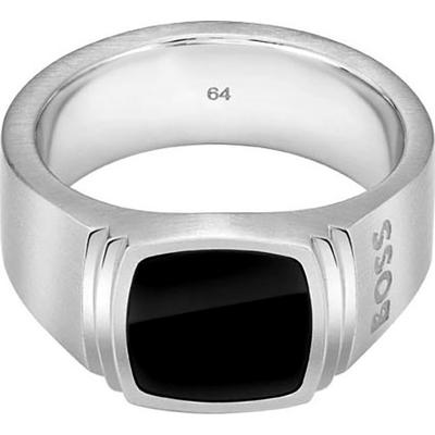 Fingerring BOSS "ODELL, 1580652S,M,L" Gr. 66, schwarz (edelstahlfarben, schwarz, schwarz), Fingerringe, Herren, 66, Edelstahl, mit Onyx Image
