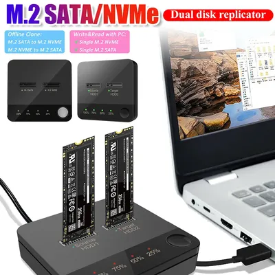 M.2 SATA/NVMe Dual-Bay Docking Station Duplicator Data Transmission M.2 SSD Duplicator with LED