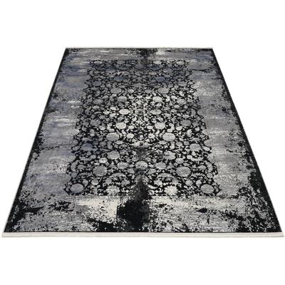 Teppich MUSTERRING "COLORADO FLOWER", grau (grau, schwarz), B:160cm H:5mm L:230cm, Viskose, Polyacryl, Teppiche, Fransenteppich, exclusive MUSTERRING DELUXE COLLECTION hochwertig gekettelt Fransen Image