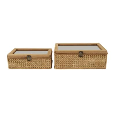 Rattan Handmade Woven Rattan Decorative Box with Glass Tops and Bronze Latches - Set of 2 Brown - Roche River Decor