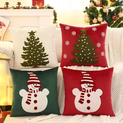 1PC Weihnachtsbaum Dekokissenbezug Samt Stickerei Schneemann Weihnachtsdekoration Wohnzimmer Image