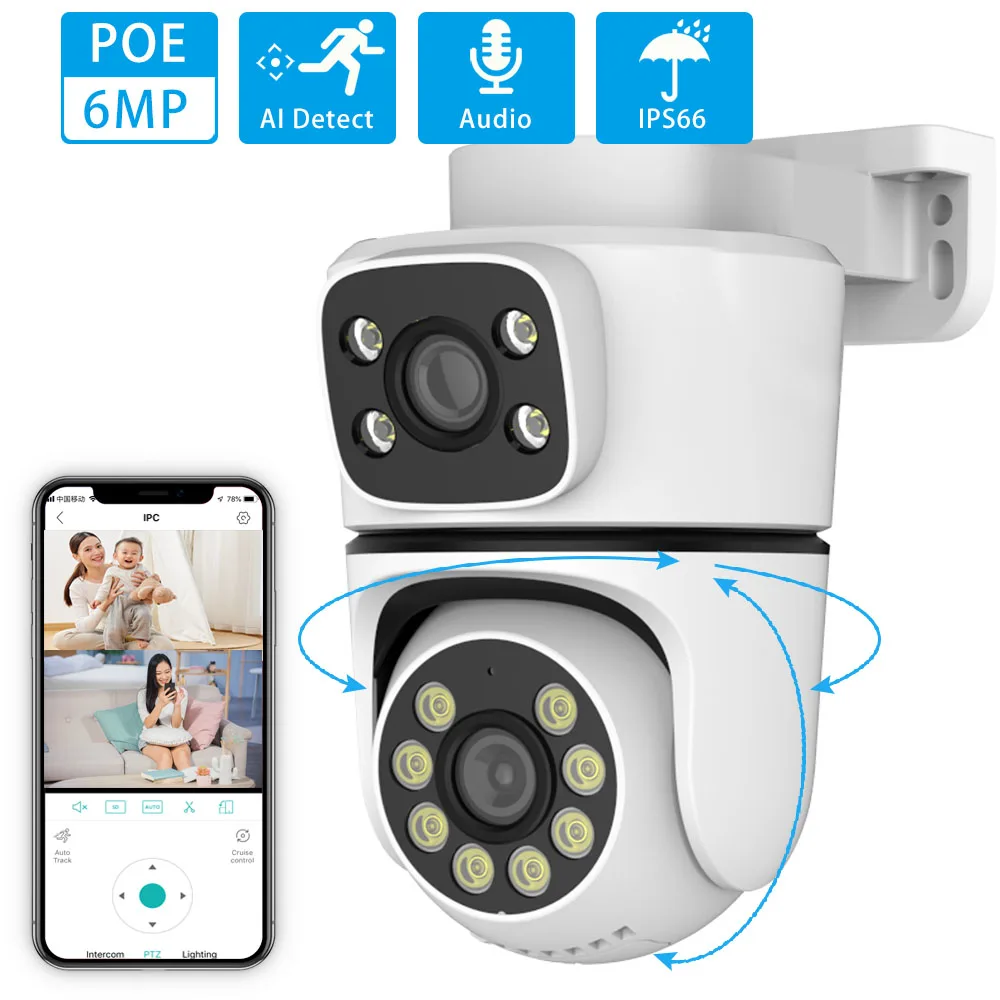 6 MP Dual-Objektiv-POE-Kamera PTZ, kompatibel mit ONVIF-Protokoll, Zwei-Wege-Audio, Farbnachtsicht, wasserdicht, 2,8 mm + 3,6 mm Dual-Screen Image