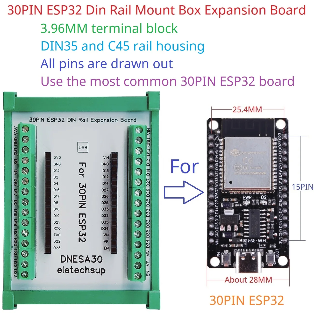 30PIN ESP32 Devkit V1 Din Rail Expansion Board 3,96 Terminal Schraube Terminal Block Adapter Modul für Bluetooth WIFI IOT Ethernet Image