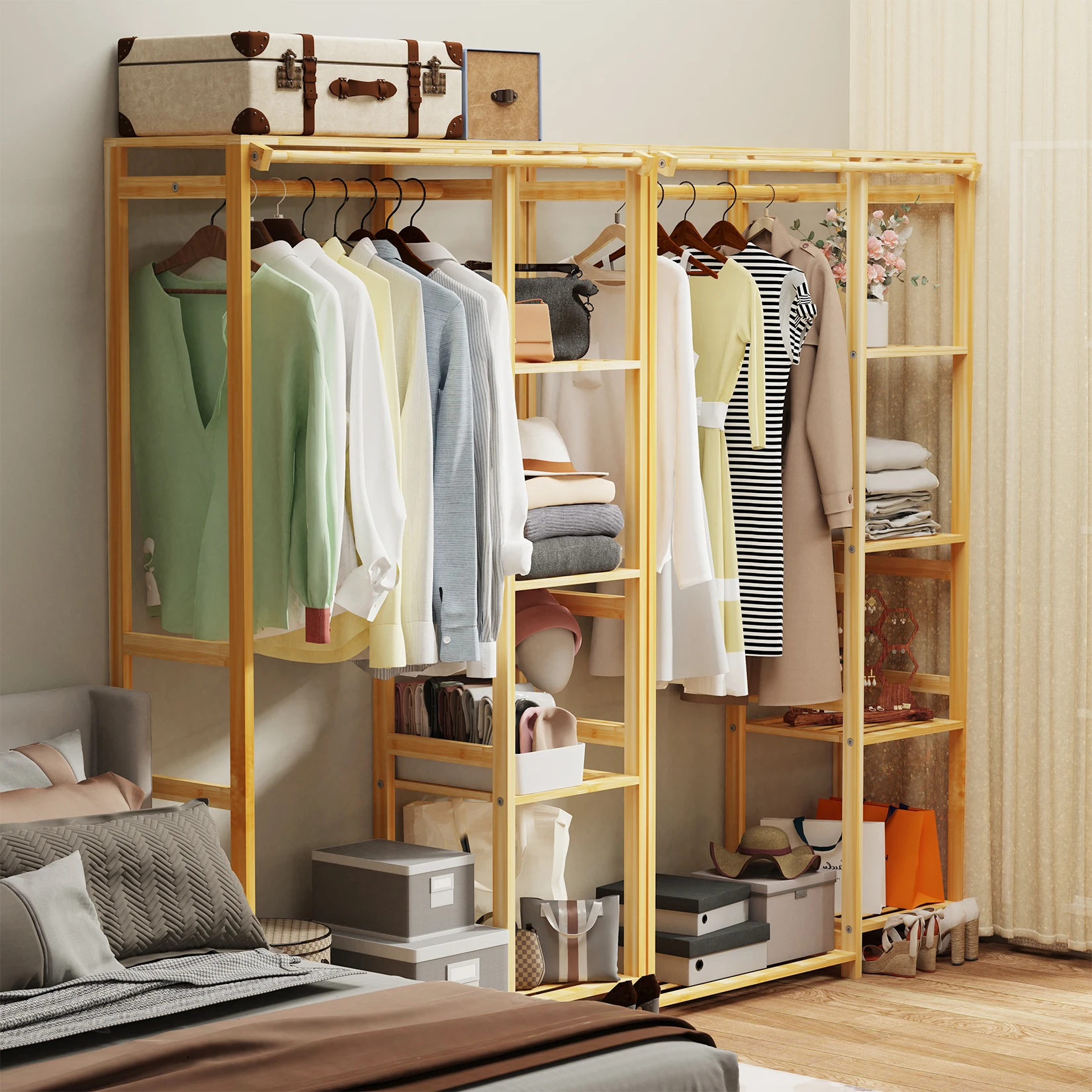 6-stufiger Bambus-Kleiderständer, offener Kleiderschrank, Schrankständer, Aufbewahrungsregale mit Hängeabdeckung, Kleidung, Hänge-Organizer
