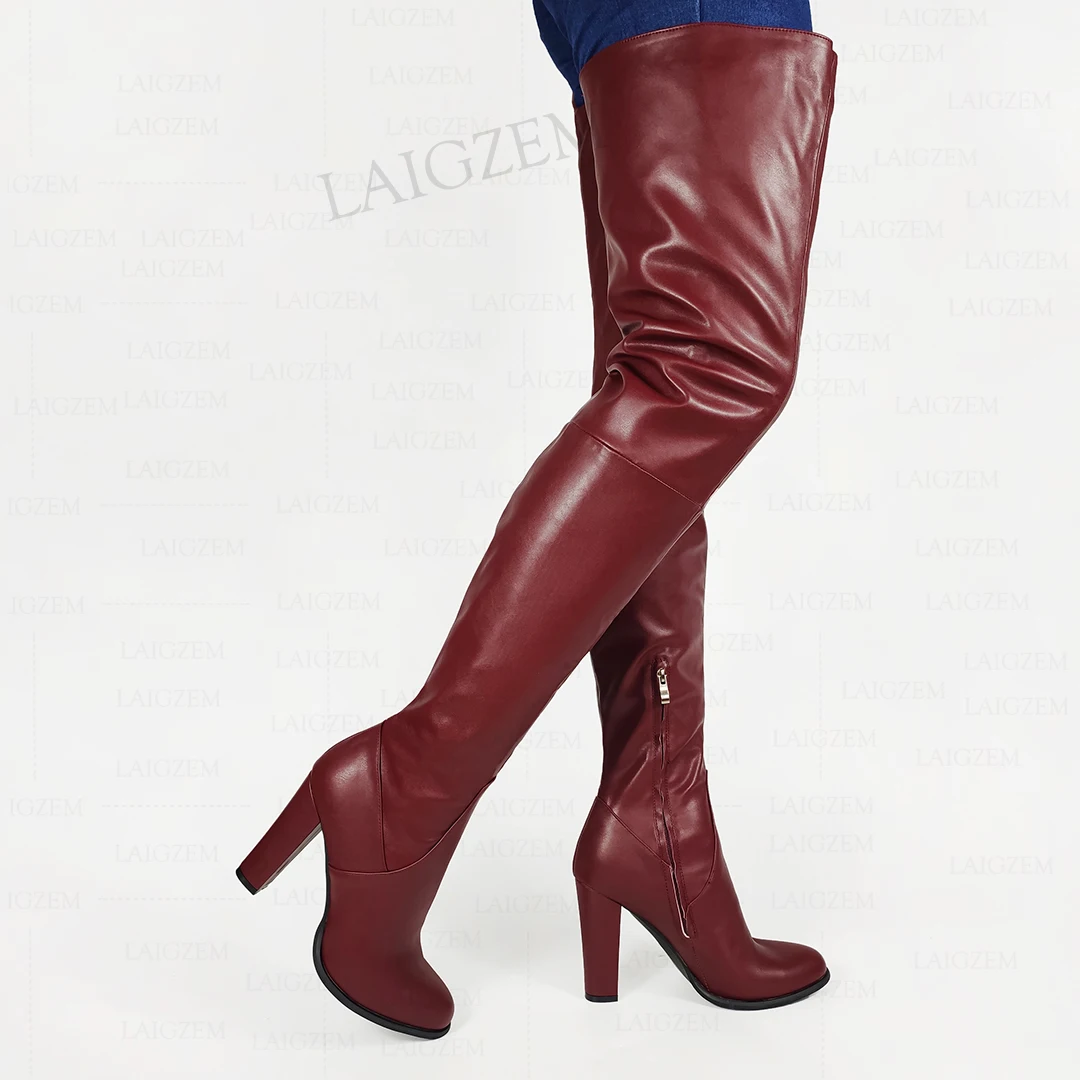 BERZIMER Frauen Oberschenkel Hohe Plattform Stiefel Runde Kappe Seitlichem Reißverschluss Block Heels Über Knie Handgemachte Botas Schuhe Frau Größe 38 40 42 44 52