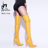 Sexy Lackleder Lange Stiefel High Heels Gelb Damen Oberschenkelhohe Stiefel Reißverschluss Stiletto Spitzschuh Damenschuhe Overknee