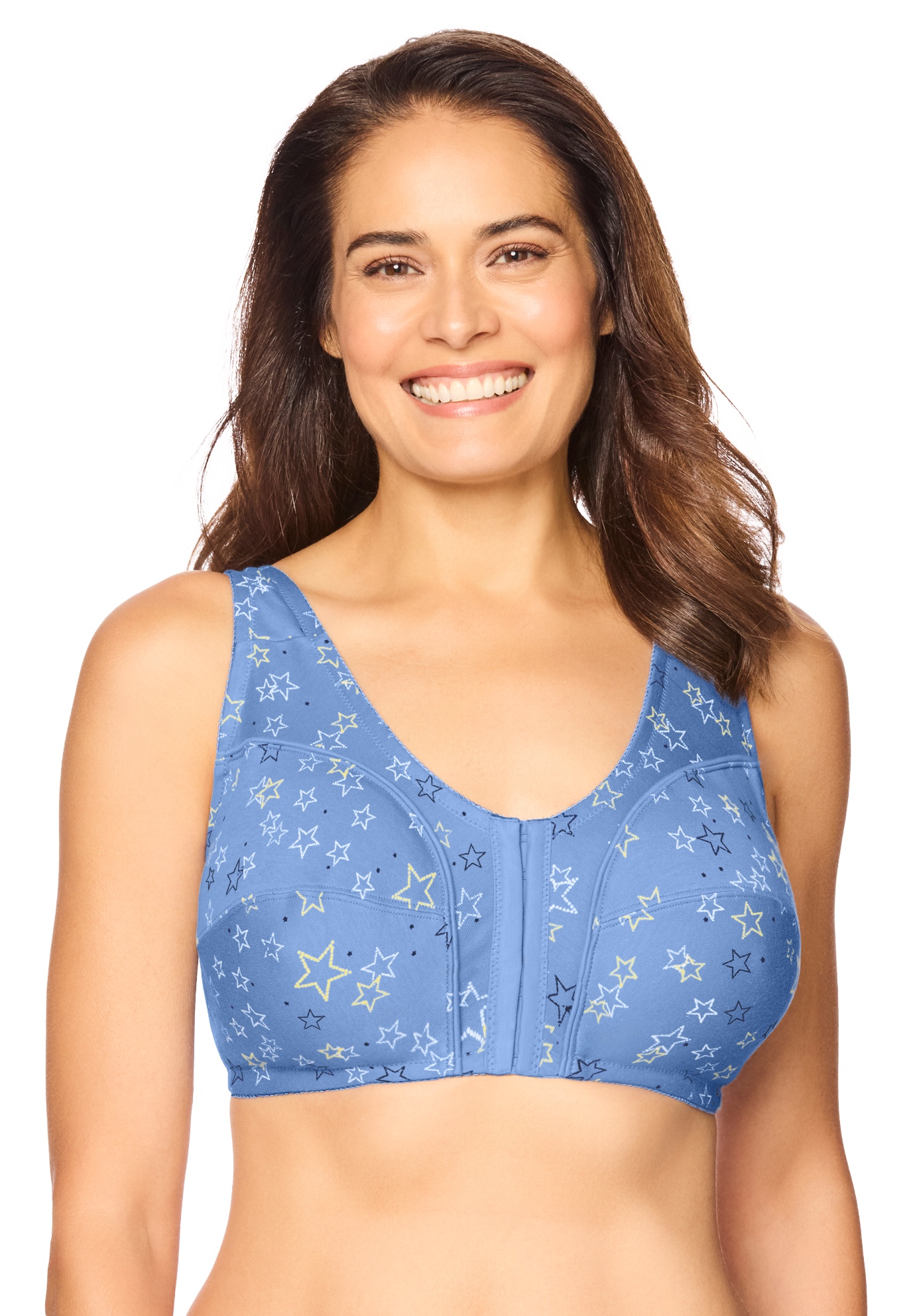Plus Size Women's Cotton Front-Close Wireless Bra by Comfort Choice in French Blue Stars (Size 52 D)
