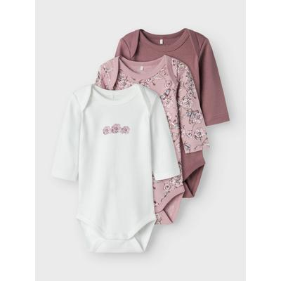 Langarmbody NAME IT "NBFBODY 3P LS GRAPE FLOWER NOOS", Baby, Gr. 98, N-Gr, lila (grape shake), Sweatware, Obermaterial: 100% Baumwolle, unifarben, bedruckt, casual, regular fit, amerikanischer Ausschnitt, Langarm, Bodies Image