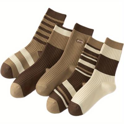 TEMU 5 Pairs Of Autumn/winter Socks For Women - Chic And Versatile, Featuring A Geometric Pattern In A Warm Brown Color Scheme. Made With Polyester And Spandex, Suitable For Hand Washing Only.