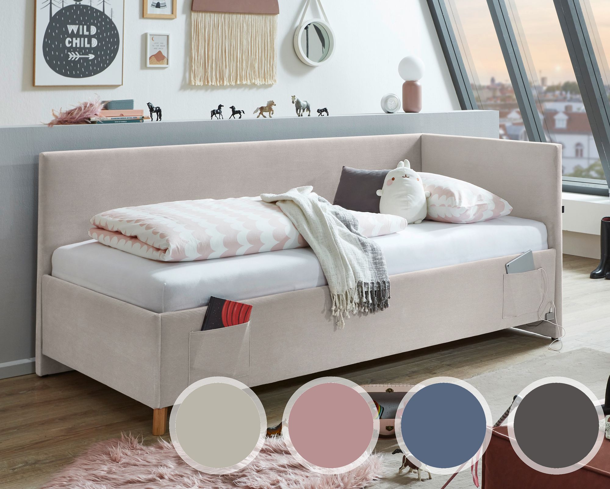 meise.möbel »Cool II« Jugendbett Cord 120x200 cm / rose / mit Rückenteil / mit Bettkasten / ohne Matratze