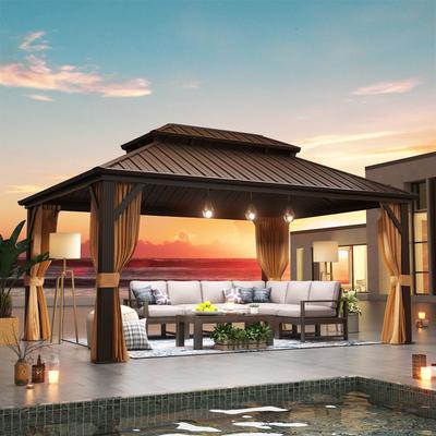 Outdoor Hardtop Gazebo with Double Galvanized Steel Roof & Aluminum Frame, Featuring Curtains and Netting for Added Comfort