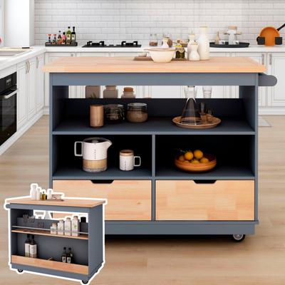 Rolling Kitchen Island with Storage, Two-sided Kitchen island Cart on Wheels with Wood Top, Wine and Spice Rack