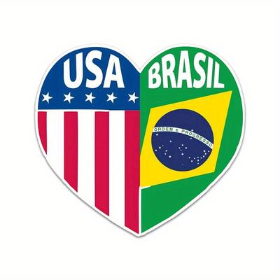 TEMU Usa & Brazil Heart-shaped Vinyl Bumper Sticker, Car Exterior Accessory, Auto Decal For Vehicle Decoration