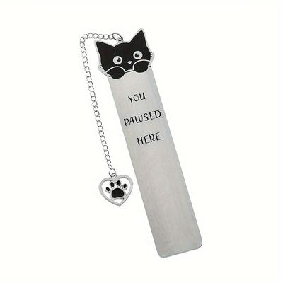 TEMU 1pc Kitty Bookmark: 'you Pawsed Here' - Stainless Steel Cat Bookmark With Pendant - Perfect Gift For Cat Lovers & Book Enthusiasts, Ideal For National &