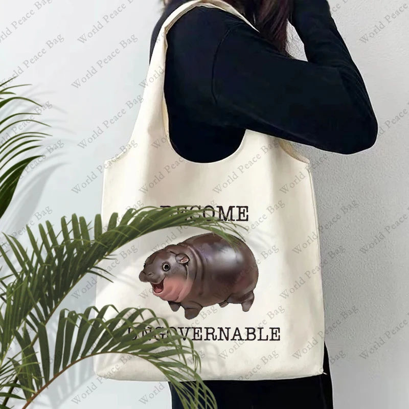 1 Stück werden Ungovernable Moo Deng Hippo-Muster Einkaufstasche Literatur Umhängetasche Illustration Mädchen Büchertasche Image