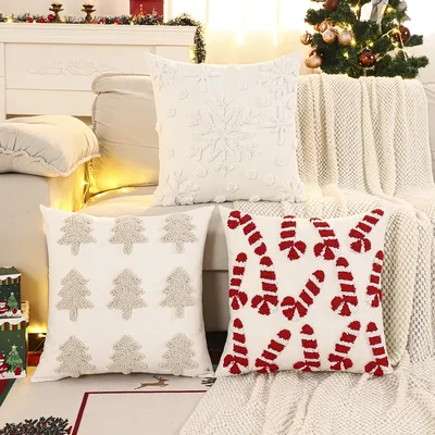 1 x Weihnachtsbaum-Kissenbezug, Stickerei, Leinwand, getuftet, Schneeflocke, Süßigkeiten Image