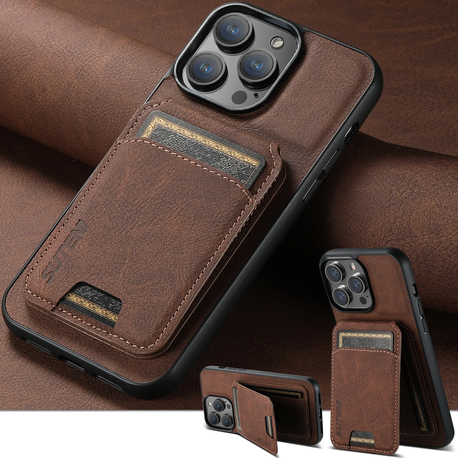 SUTENI porte-carte couverture de carte étui de téléphone portable de luxe en cuir PU support de téléphone pour iPhone 16ProMax 15Plus 14 13 12 11 XR X