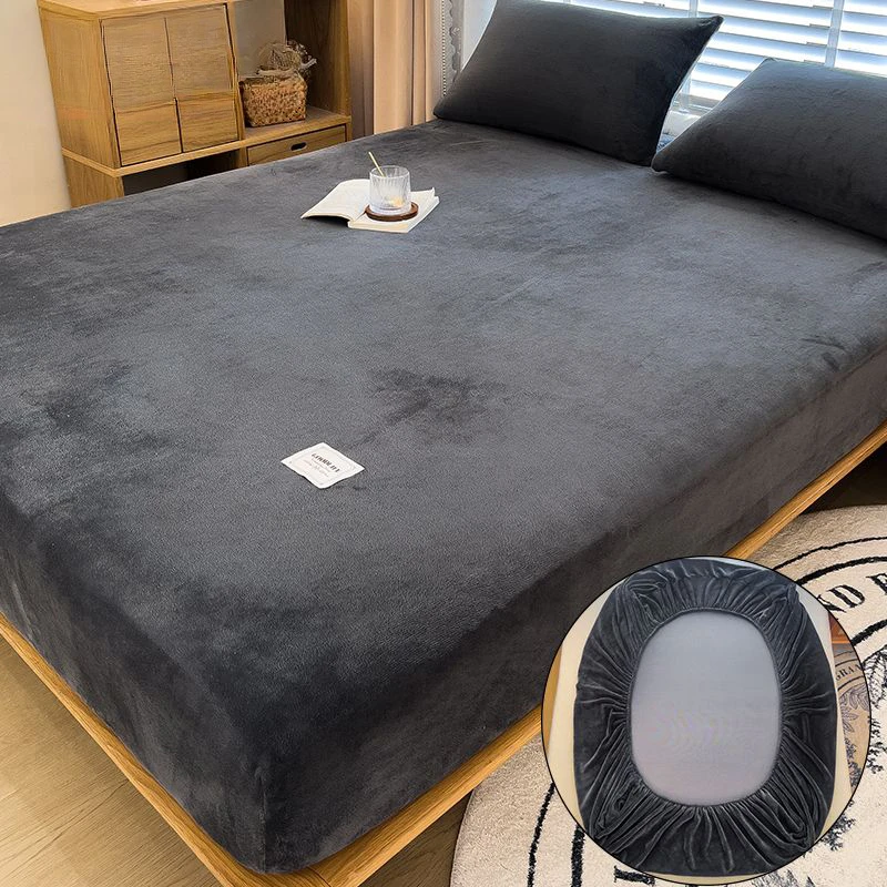 Warme Winter Samt Fleece Spannbetttuch Elastische Matratzenbezug Paar Bettwäsche Luxus Doppelbett Thermobett King Size Image