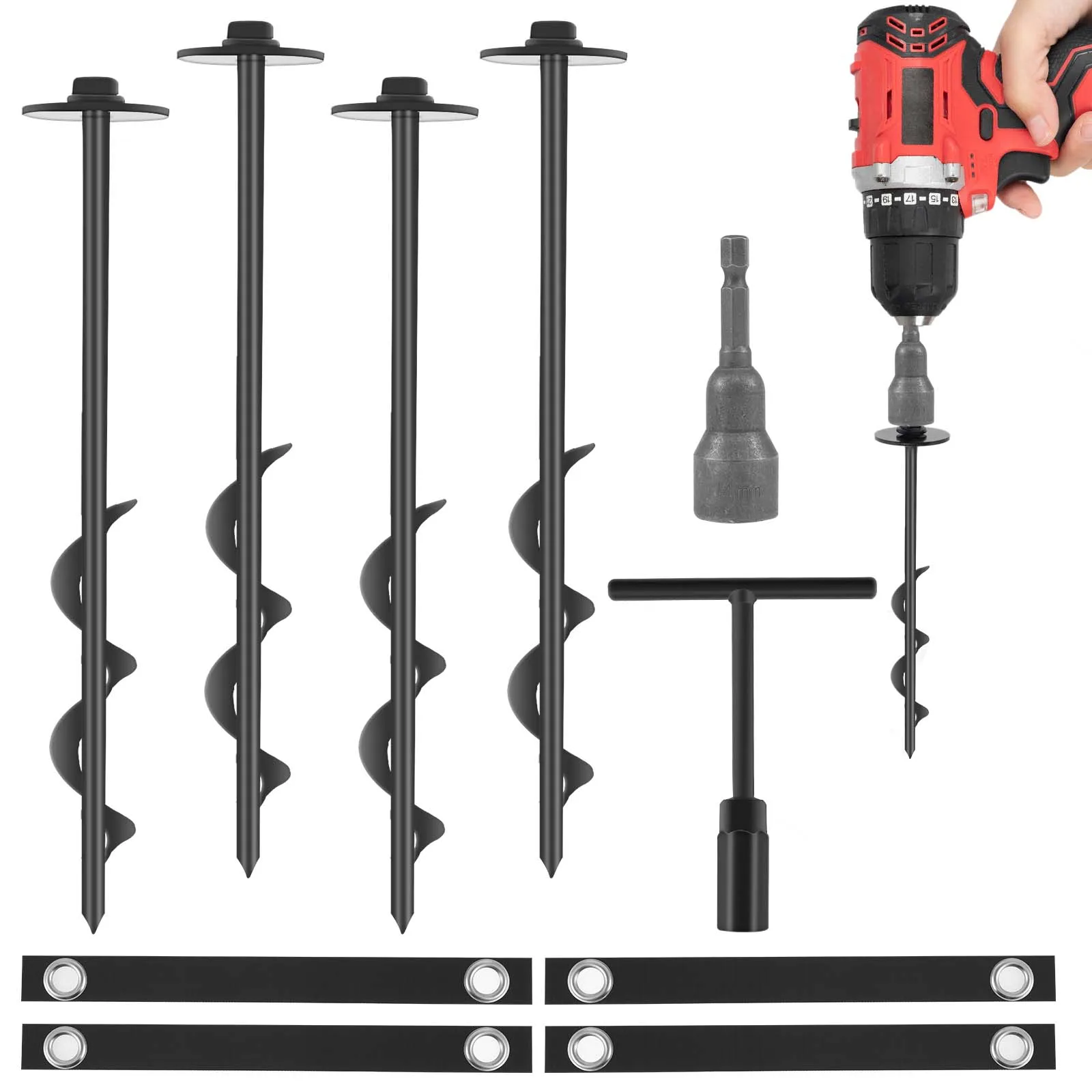 4-teiliges Trampolin-Anker-Set, 11,8 Zoll, robuste Bodenanker mit Riemen, windabweisende Trampolinpfähle, manuell/bohrer Image