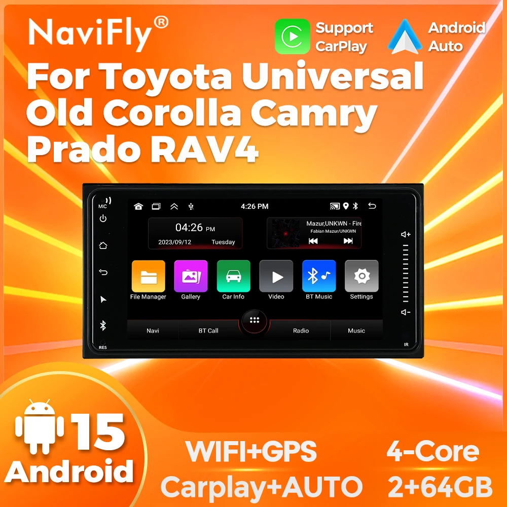 Navifly Android 15 Auto-Multimedia-Radio, geeignet für Toyota General Motors alte Modelle Corolla, Camry, Prado, Rav4, Rav-4, mit WiFi und Carplay+Auto. Image