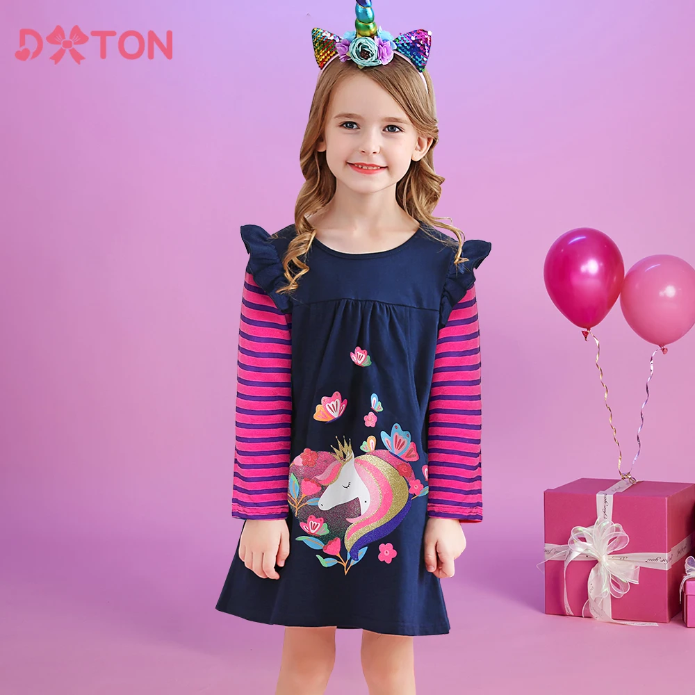 DXTON Baby Mädchen Kleid Herbst Kinder Langarm Kleid Gestreiften Einhorn Schmetterling Kinder Baumwolle Kleid Tasche Mädchen Casual Kostüm Image