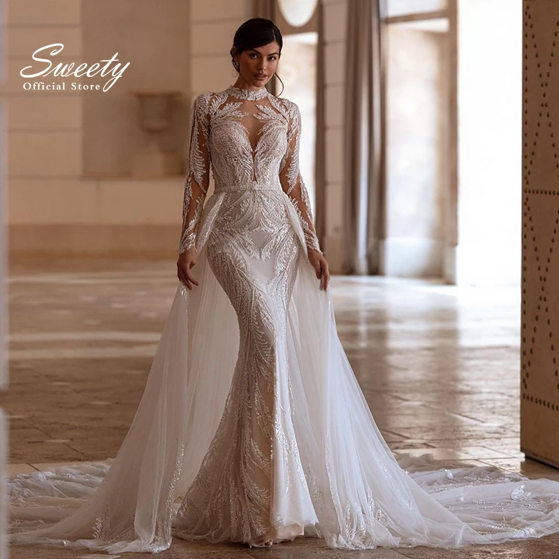 Abnehmbares 2-in-1-Hochzeitskleid im Meerjungfrau-Stil, bestickte Spitze mit Perlen, Ballkleid, Stehkragen, volle Ärmel, Vestido De Novia, individuell gestaltet Image