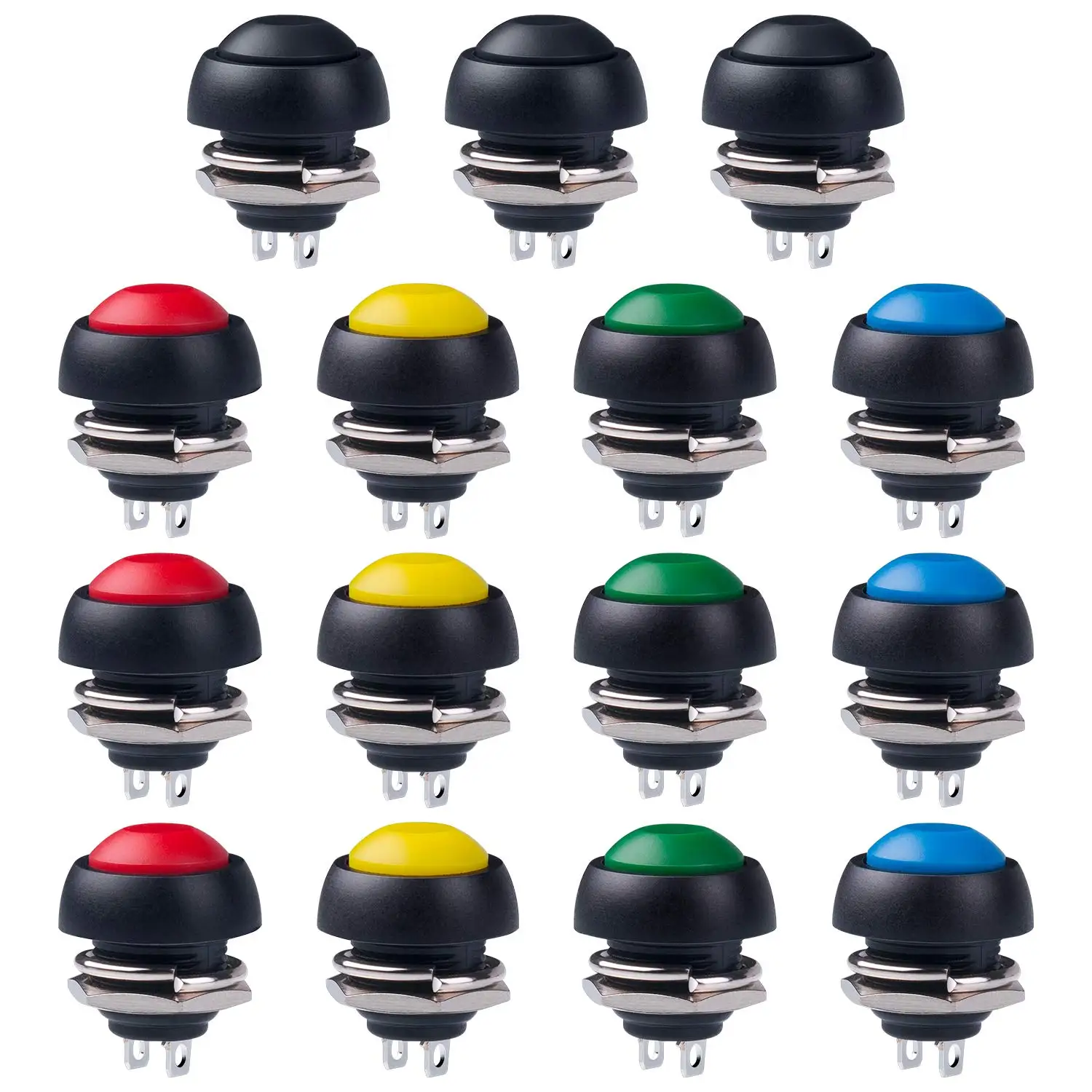 15 Stück wasserdichter Momentan-Drucktastenschalter, 12 mm, normal offen (NR) Mini-Mikroschalter, EIN-Aus, 125 V, 3 A, Rot, Schwarz, 5 Farben Image