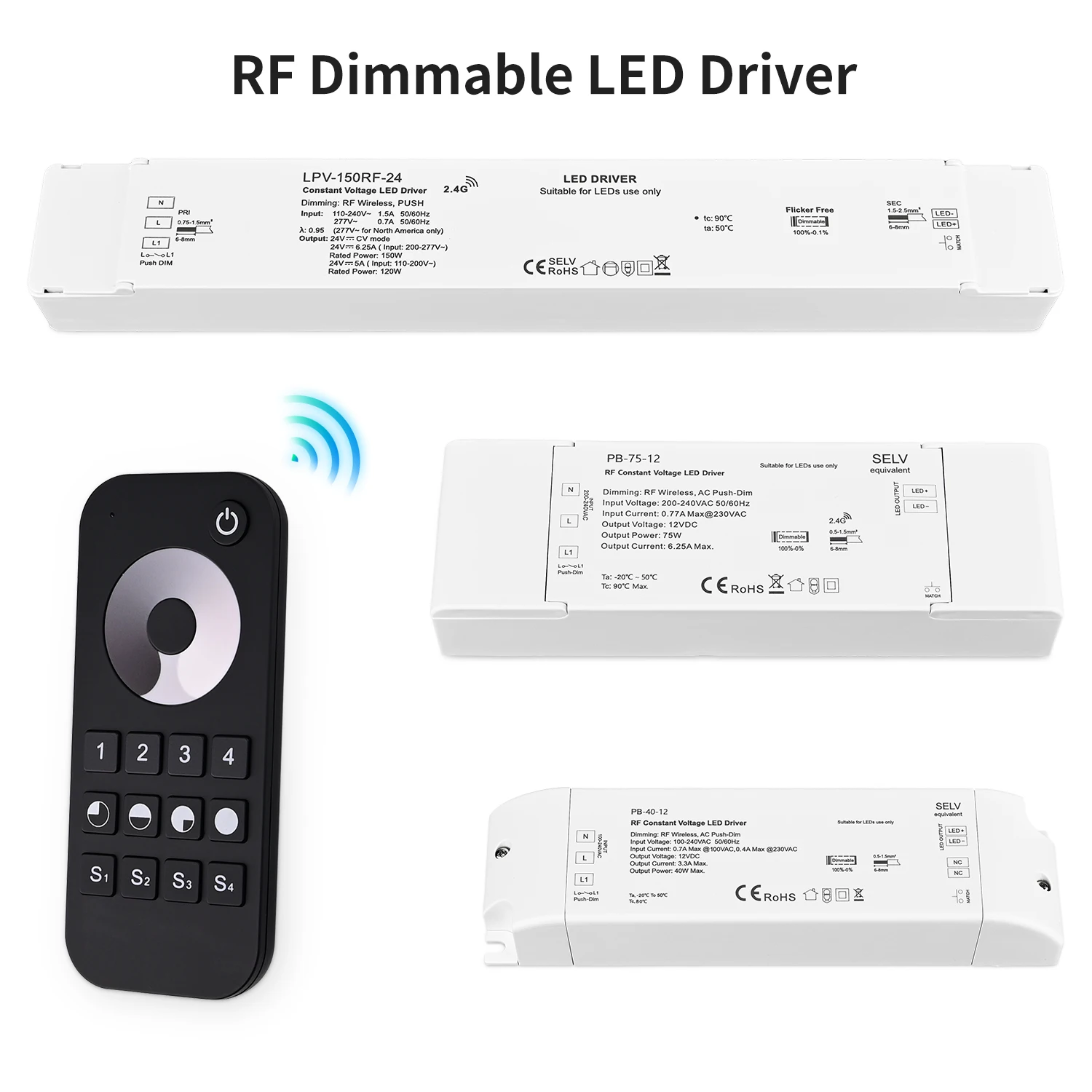Dimmbarer LED-Treiber mit RF-Fernbedienung, 40 W, 75 W, 150 W, Push-Dim-Netzteil, LED-Dimmer, Beleuchtungstransformator für LED-Lichtstreifen, DC12/24 V