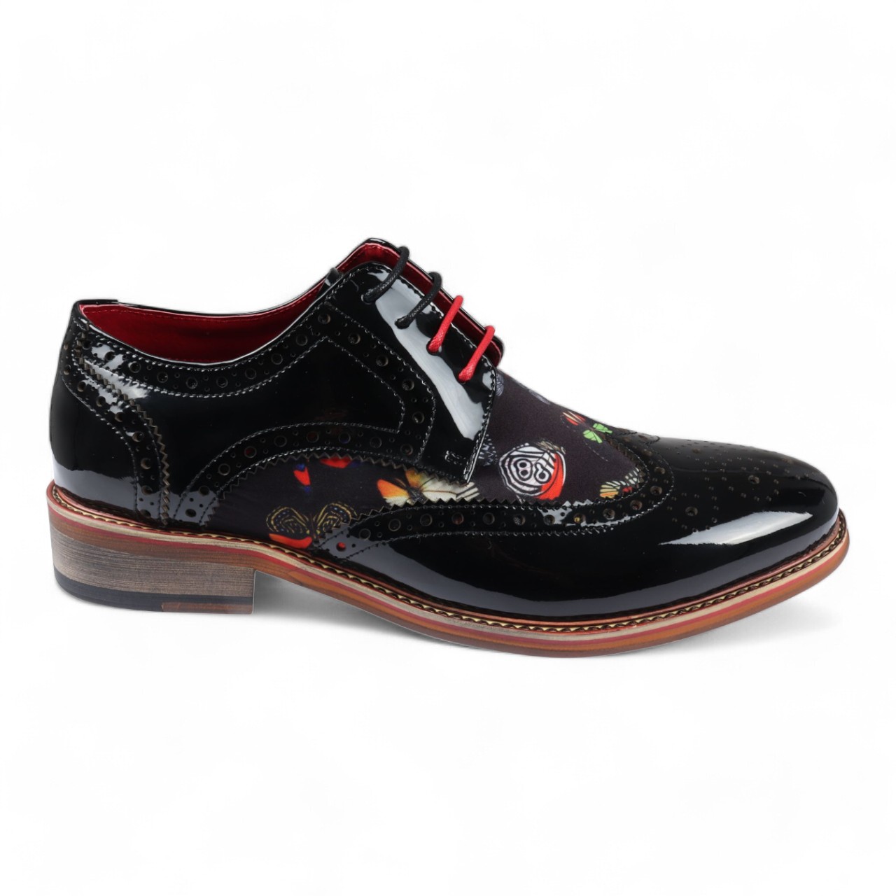Justin Reess Mens Butterfly Print Patent Leather Brogue Shoes - Julius - Black - Size UK 11 | Justin Reess Sale | Discount Designer Brands