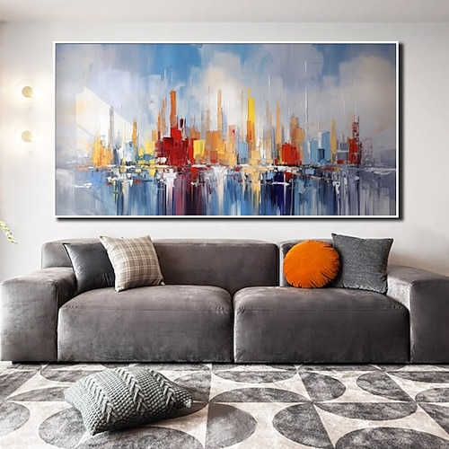 handgefertigtes Ölgemälde auf Leinwand, Wandkunst, Dekoration, abstraktes Messergemälde, Straßenansicht, Nacht, für die Inneneinrichtung, gerolltes, rahmenloses, unbelastetes Gemälde Image