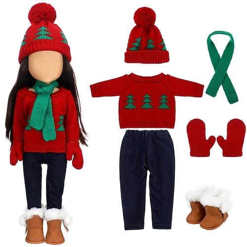 Weihnachtskleidung und Accessoires für 18-Zoll-Puppen, Winter-Puppen-Outfits-Set, Pullover, Hosen, Mützen, Schuhe für 18-Zoll-Puppen, Geschenke (ohne Puppe)