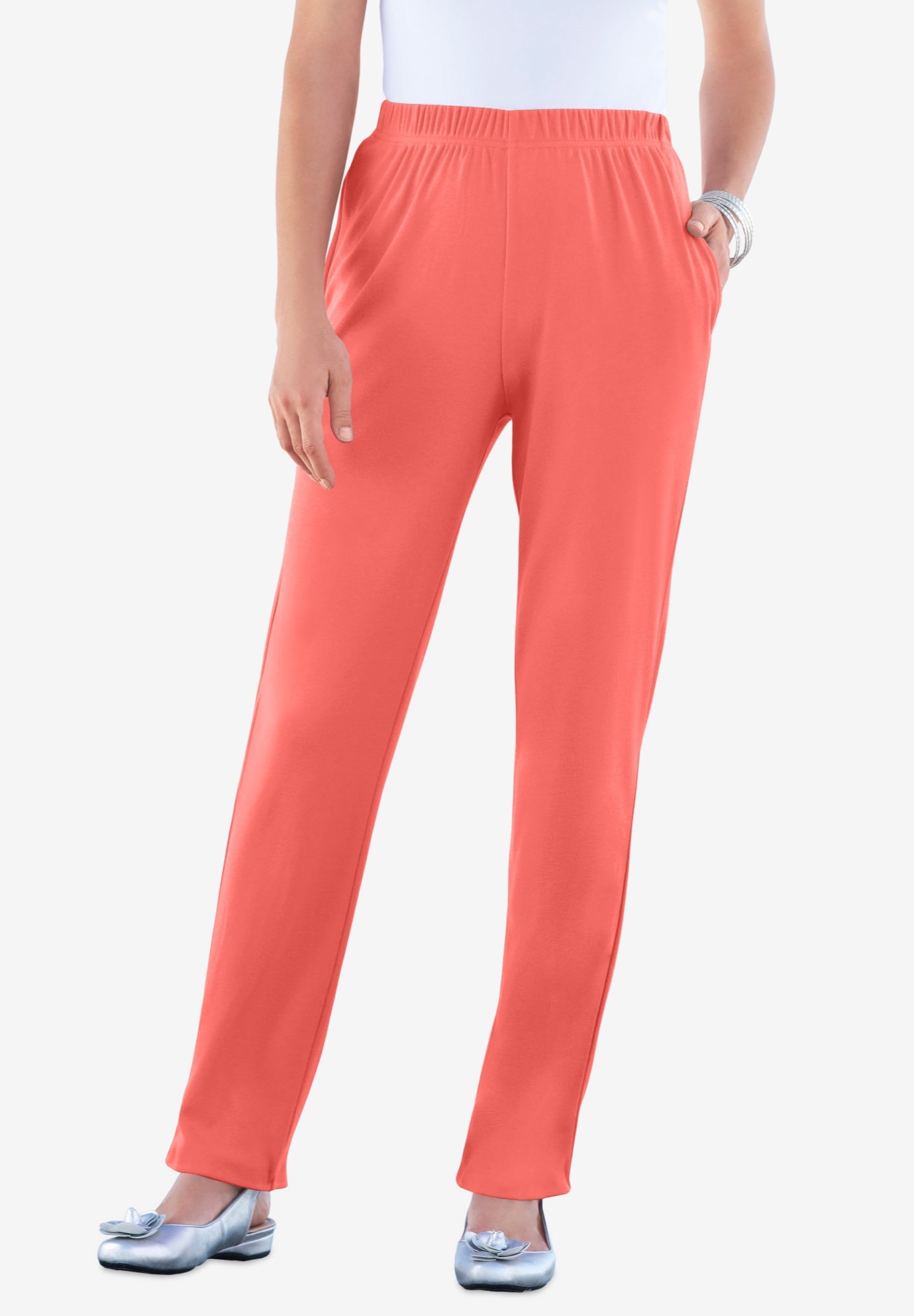 Plus Size Women's Plus Size Straight Leg Soft Knit Pull On Pant by Roaman's in Sunset Coral (Size S) Pull On Elastic Waist