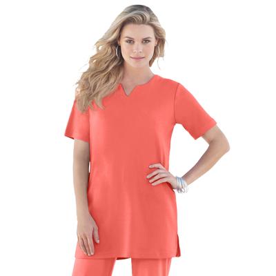Plus Size Women's Notch Neck Soft Knit Tunic by Roaman's in Sunset Coral (Size M) Short Sleeve T-Shirt