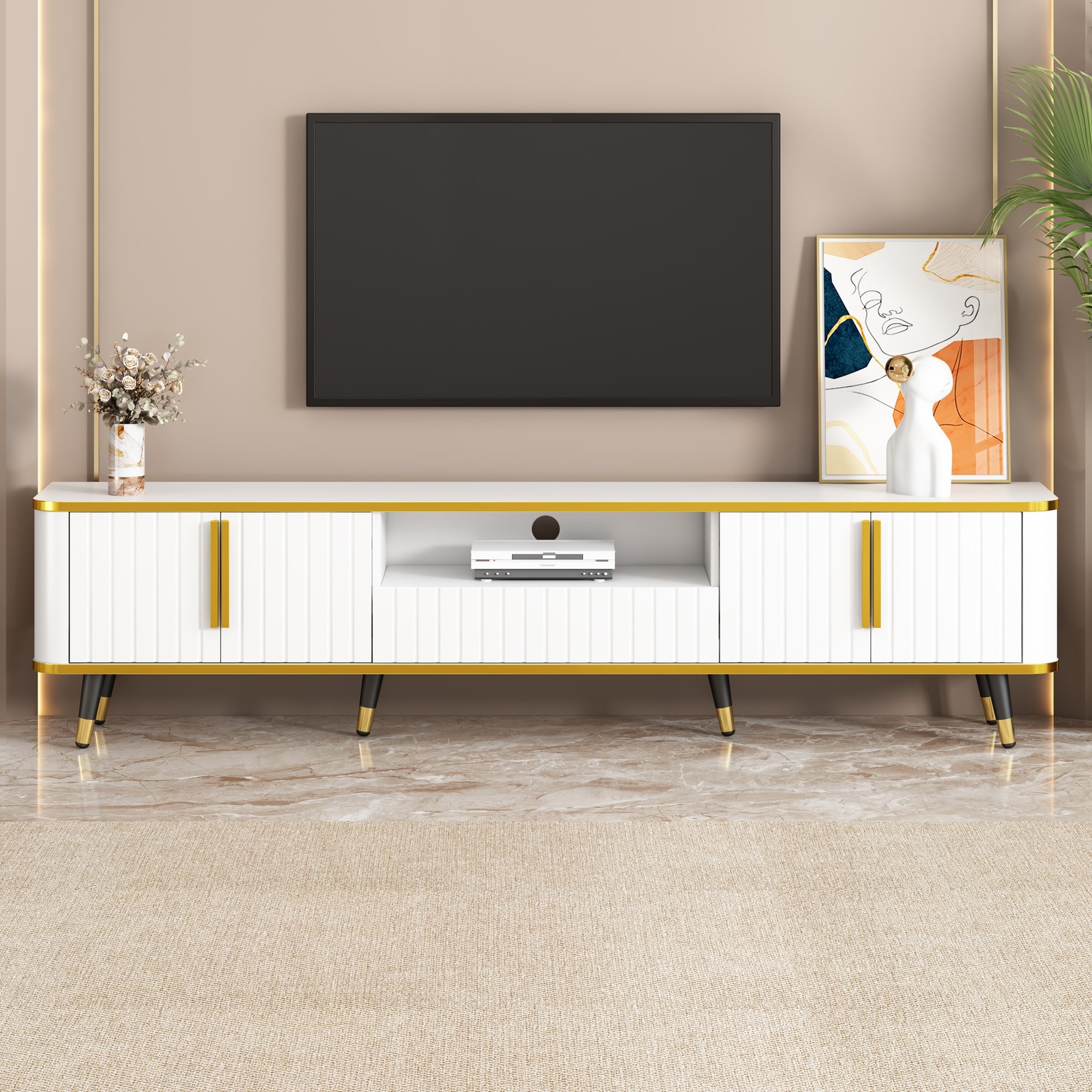 ON-TREND Luxury Home Entertainment Center wStorage,for TVs up to 85",White+Gold