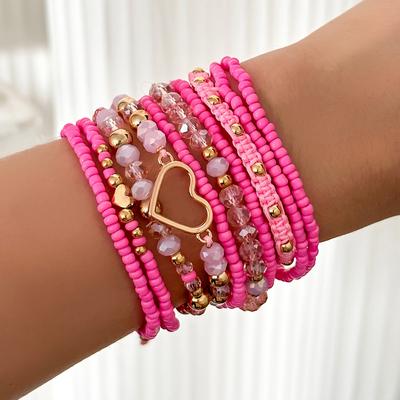 TEMU 10pcs Y2k-inspired Cute Pink Heart Glass Beaded Bracelet Set - Handcrafted, Stackable Wristbands With Golden Accents For Daily & Vacation Wear, Couple Bracelets Image