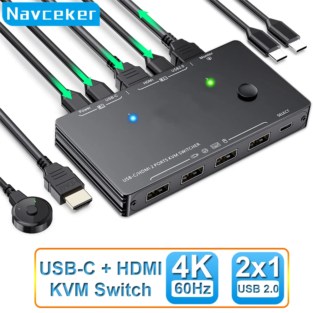 Navceker Thunderbolt 3 USB C HDMI KVM Switch 4K 60Hz tipo C USB KVM Switcher 87W PD Charge per 2 Computer Macbook 1 Monitor HDMI