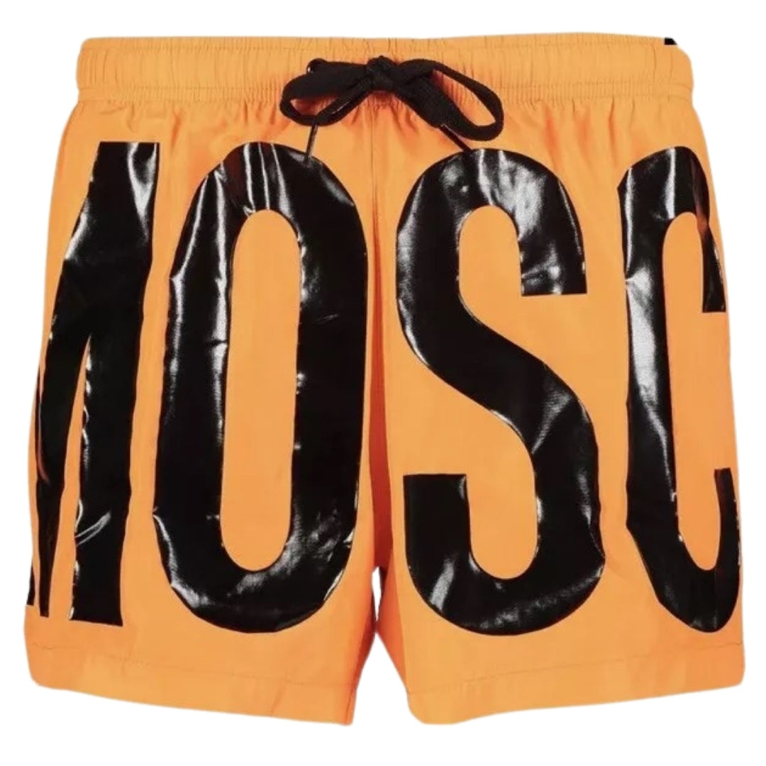 Hellorangefarbene kurze Badeshorts mit Printlogo der Marke Moschino Image