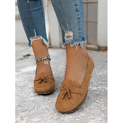 mocassini casual blu da donna – morbide ballerine in pelle scamosciata con fiocco e nappine, comode scarpe da guida per l'uso quotidiano