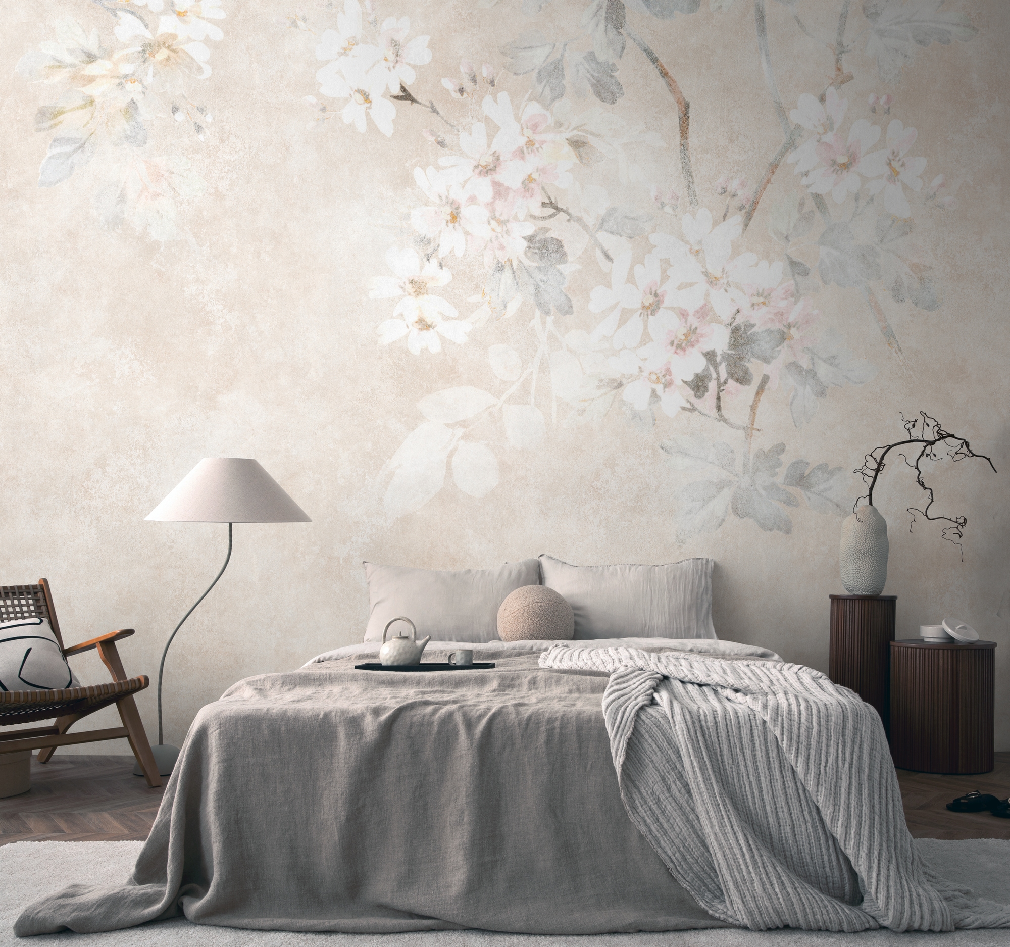 Fototapete LIVING WALLS "THE WALL III florale Tapete Motivtapete Blumen Blumen", beige (beige,creme,grau), B:2,8m H:0,02m L:3,71m, Vlies, Tapeten, Vliestapete Betonwand für Schlafzimmer Küche Wohnzimmer Floral Design