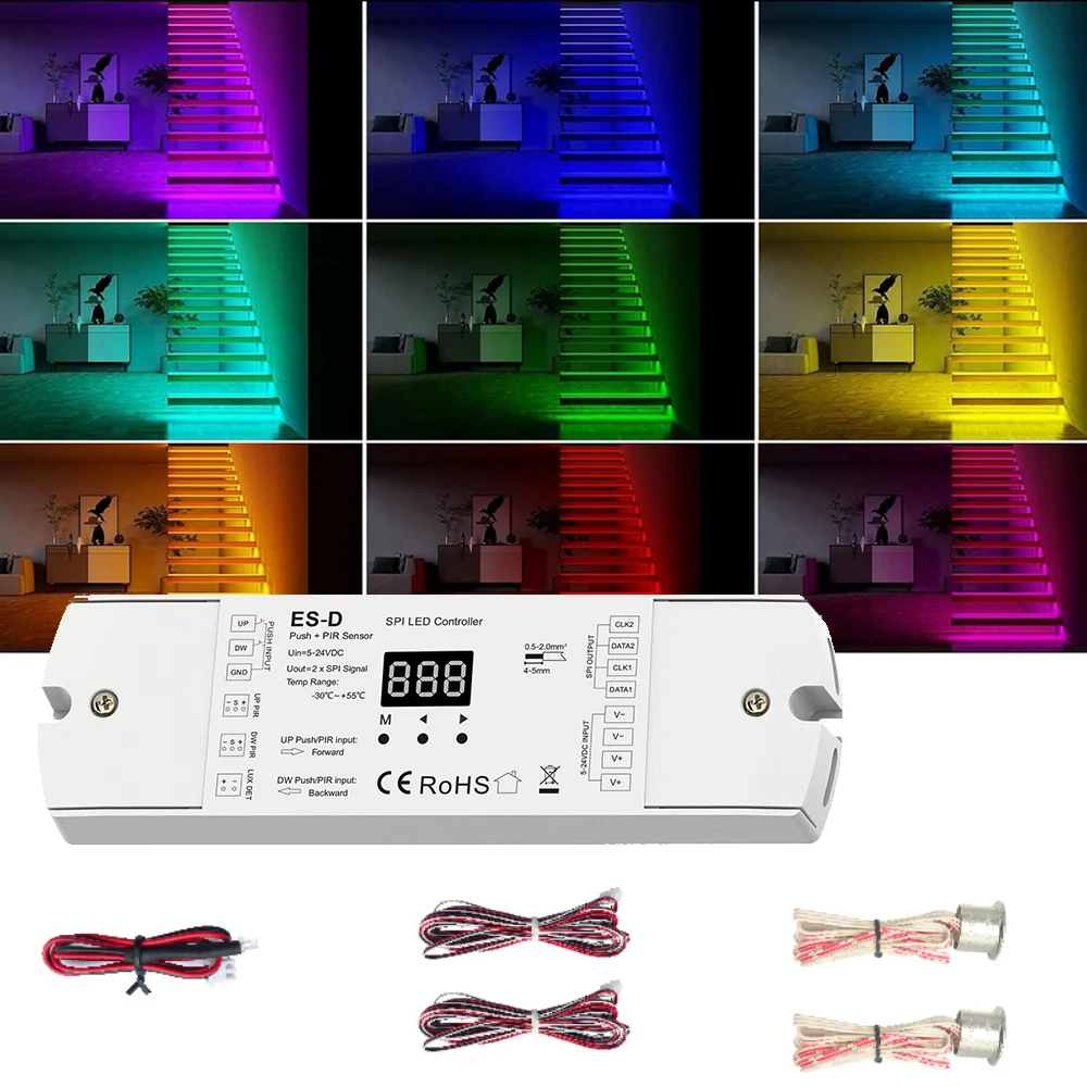 PIR-Bewegungsmelder, Treppenlicht-Controller mit Push-Dimming, SPI-Controller-Antrieb, 28 Arten IC, digitaler RGB-weißer LED-Streifen, DC 5–24 V