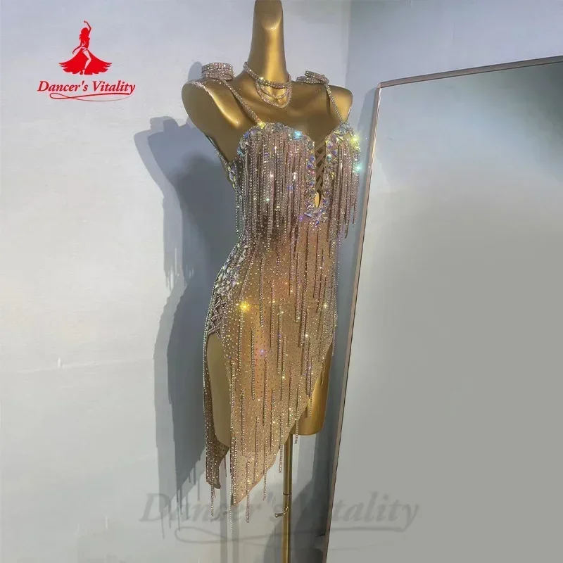 Latein-Tanzkleider Maßgeschneiderte High-End-Luxus-Strassfransen Sexy rückenfreies Kleid Performance-Kostüme für Erwachsene und Kinder Image