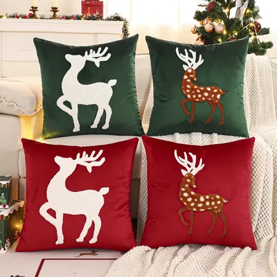 1PC Weihnachten Hirsch Dekokissenbezug Samt Stickerei Weihnachtsdekoration Wohnzimmer Image