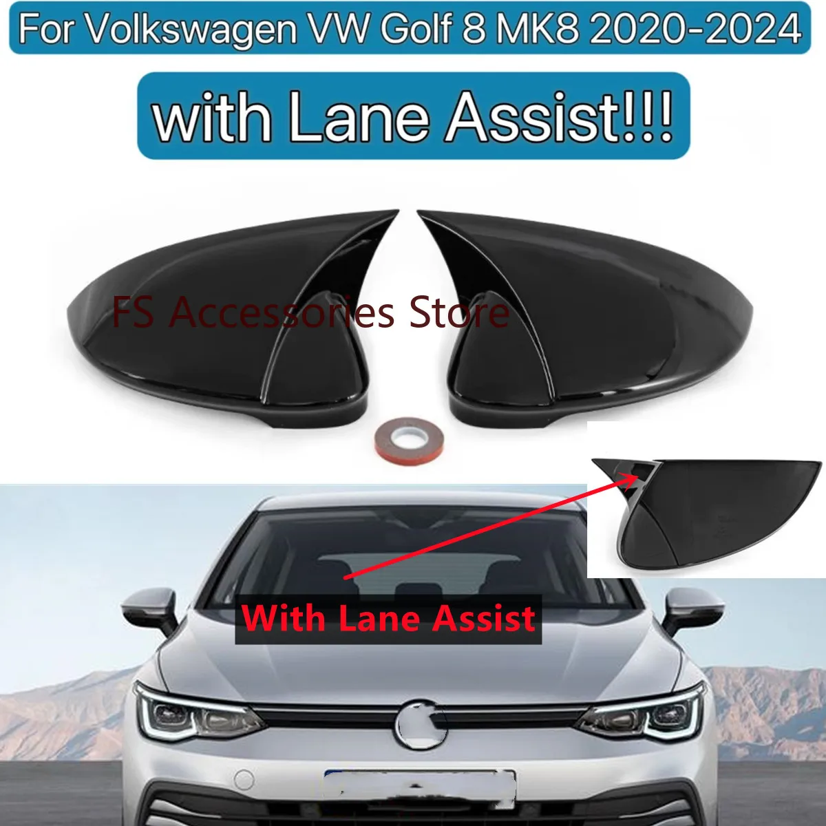 Für Volkswagen Golf MK8 VIII 8 Paar Seitenspiegelabdeckungen Kappen 2020 2021 2022 Für VW Glänzend schwarzer Flügelrückspiegel mit Lane Assist Image