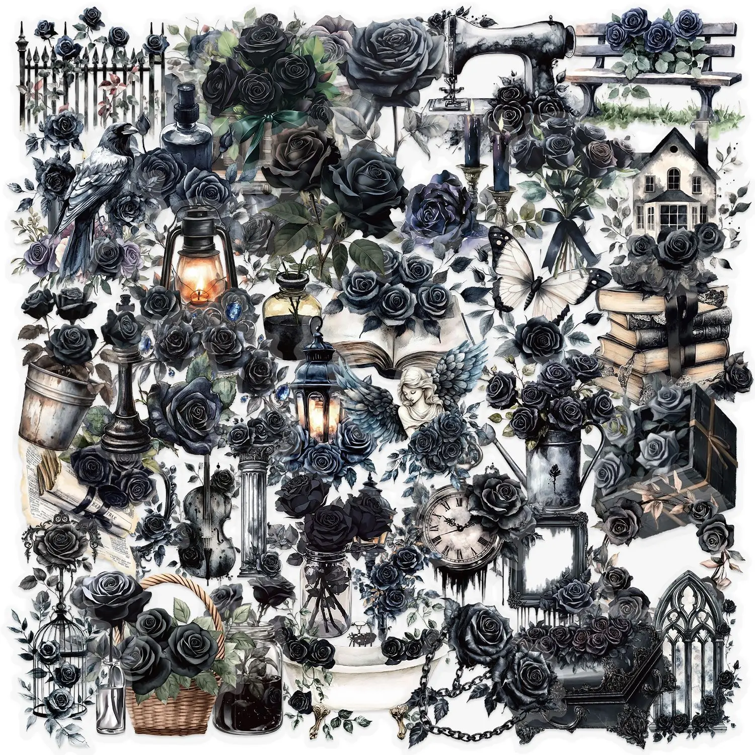 50 Stück transparente Cartoon-dunkle Rose-Aufkleber-Packung, wasserdicht, transparent, PET-Buchhaltematerial, dekoratives Gitarren-Notizbuch Image