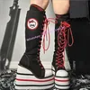 Schwarz rot Leinwand kniehohe Stiefel Keile Plattform runde Zehen Kreuz gebunden nähen lange Stiefel schöne Gothic High Growth Schuhe