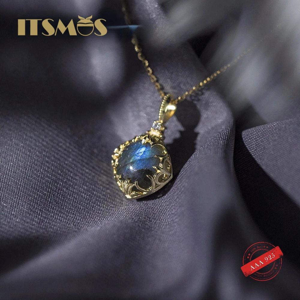 Itsmos natürliche Labrador Anhänger Halskette Gold Kristall edel große blaue Frau elegant Retro für Frauen