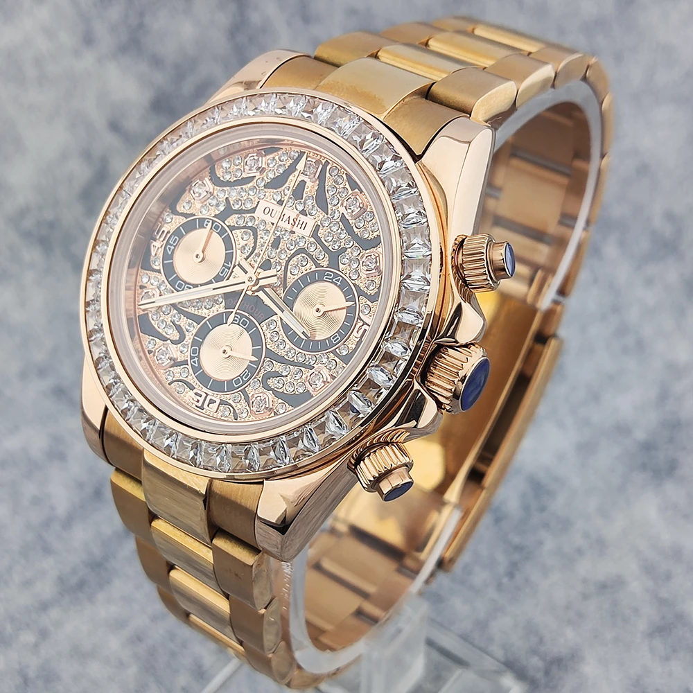 42 mm VK63-Uhr, individuelles Logo, neue Tiger-Diamant-Herren-Quarzuhr, VK63-Uhrwerk, 6-Nadel-Chronograph, hochwertig Image