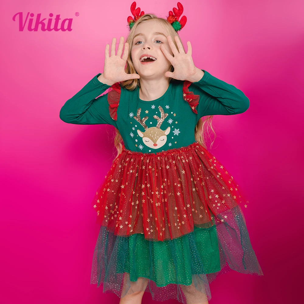 Vikita Mädchen Weihnachten Neujahr Kleider Kinder Elch Schneeflocken drucken Langarm Herbst Winter Prinzessin niedlichen Mode Kleid 3-12 Jahre Image