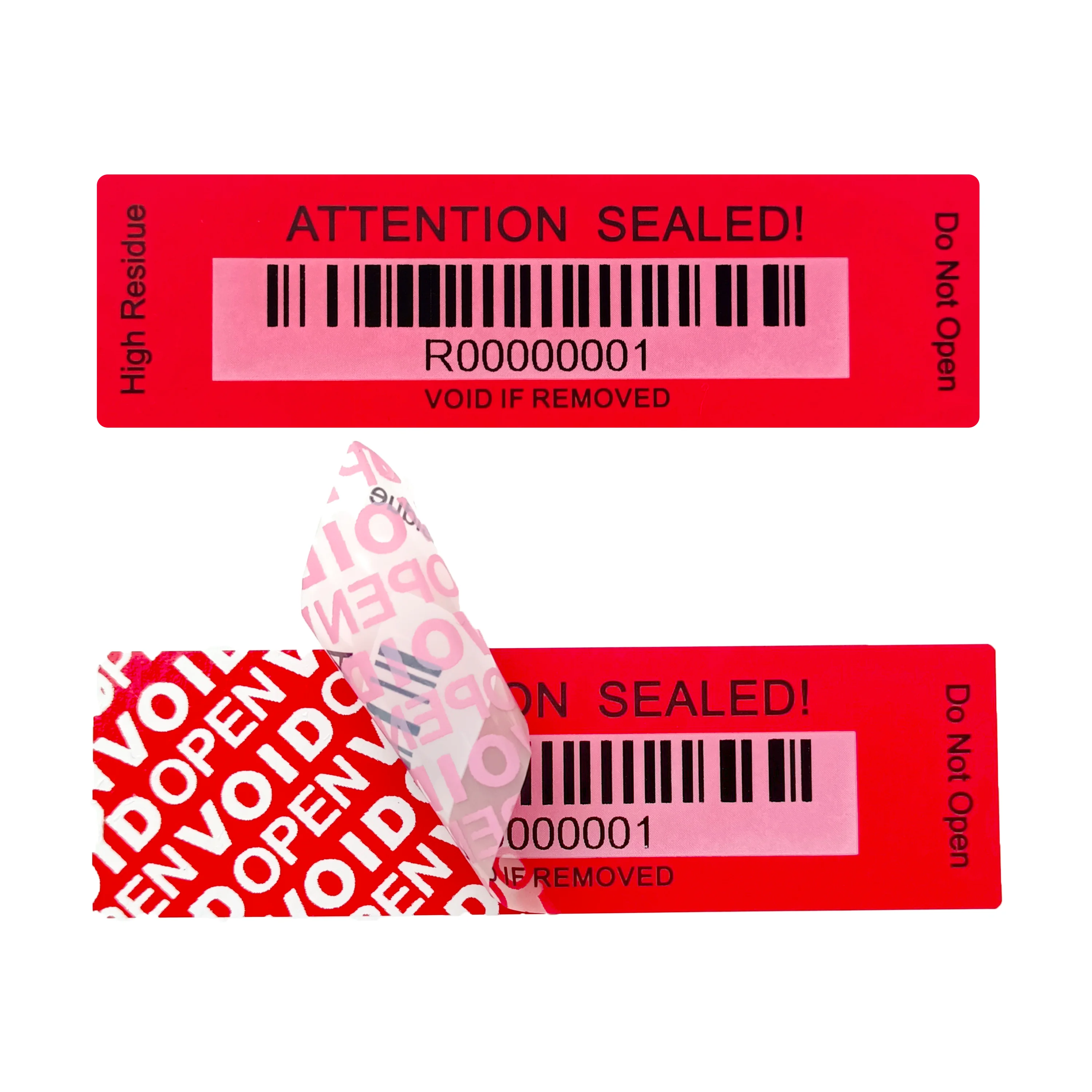 Roter Tamper Evidence-Aufkleber mit Barcode, Sicherheitsetikettenaufkleber, Garantie erlisches Siegeletikett, manipulationssicherer Aufkleber mit Seriennummer Image